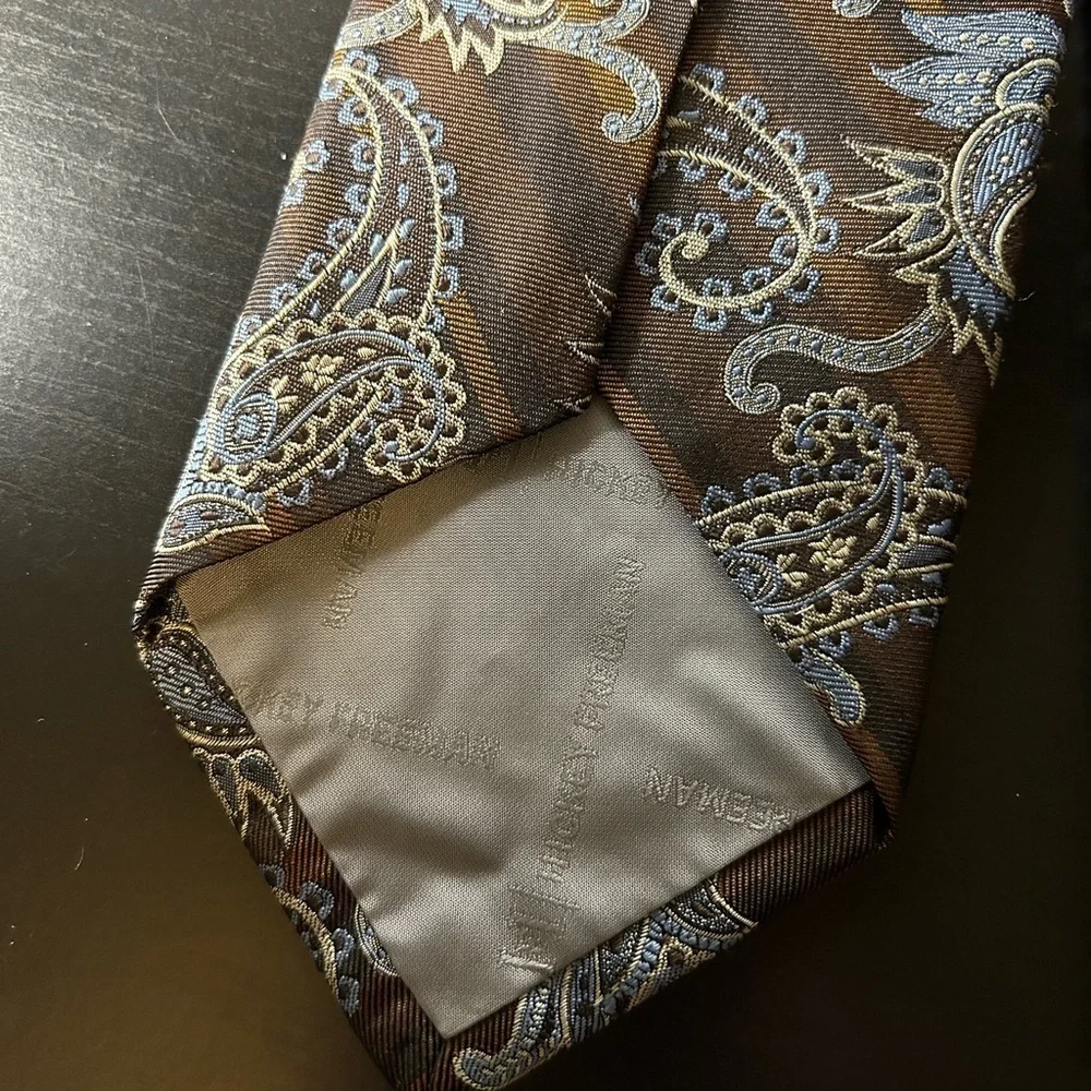 Hickey Freeman brown and blue paisley silk mens tie